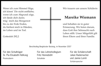 Traueranzeige von Mareike Wiemann von Tageszeitung