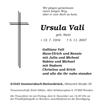 Traueranzeige von Ursula Vali von Tageszeitung
