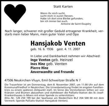 Traueranzeige von Hansjakob Venten von Tageszeitung