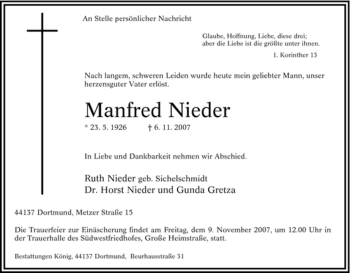 Traueranzeige von Manfred Nieder von Tageszeitung