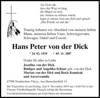 Traueranzeige von Hans Peter von der Dick von Tageszeitung
