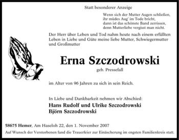 Traueranzeige von Erna Szczodrowski von Tageszeitung