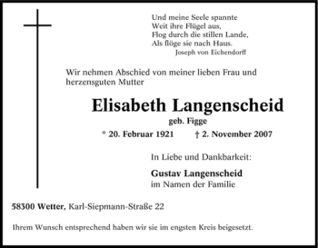 Traueranzeige von Elisabeth Langenscheid von Tageszeitung