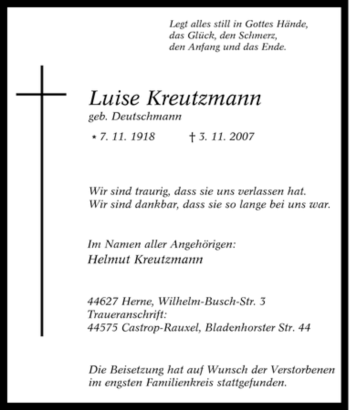 Traueranzeige von Luise Kreutzmann von Tageszeitung