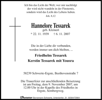 Traueranzeige von Hannelore Tessarek von Tageszeitung