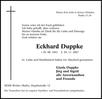 Traueranzeige von Eckhard Duppke von Tageszeitung