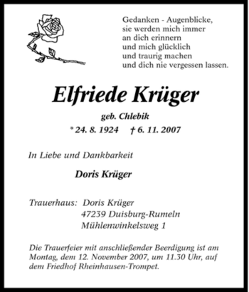Traueranzeige von Elfriede Krüger von Tageszeitung