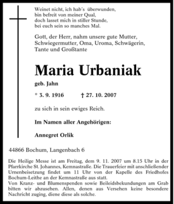 Traueranzeige von Maria Urbaniak von Tageszeitung