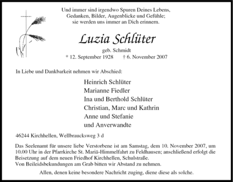  Traueranzeige für Luzia Schlüter vom 08.11.2007 aus Tageszeitung