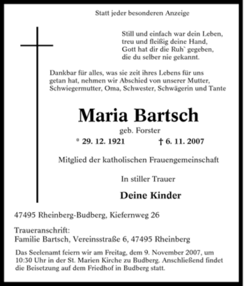 Traueranzeige von Maria Bartsch von Tageszeitung