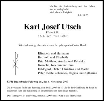 Traueranzeige von Karl Josef Utsch von Tageszeitung