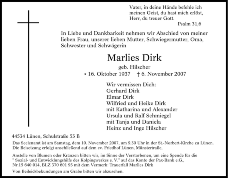  Traueranzeige für lies Dirk vom 08.11.2007 aus Tageszeitung