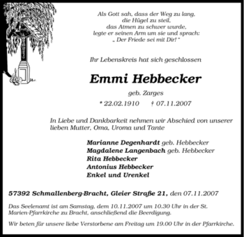 Traueranzeige von Emmi Hebbecker von Tageszeitung