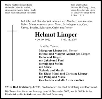 Traueranzeige von Helmut Limper von Tageszeitung