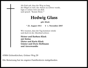 Traueranzeige von Hedwig Glass von Tageszeitung