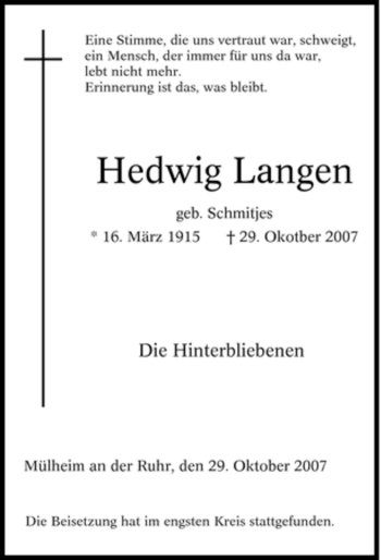Traueranzeige von Hedwig Langen von Tageszeitung