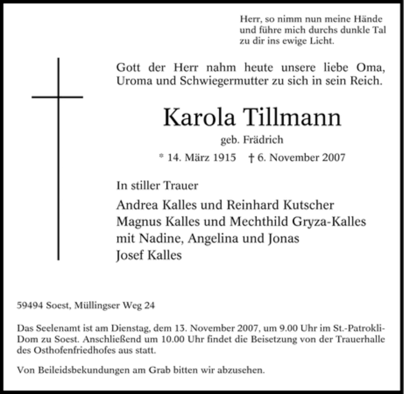  Traueranzeige für Karola Tillmann vom 09.11.2007 aus Tageszeitung