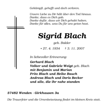 Traueranzeige von Sigrid Blach von Tageszeitung