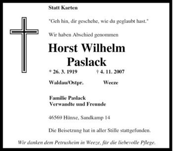 Traueranzeige von Horst Wilhelm Paslack von Tageszeitung