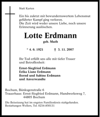 Traueranzeige von Lotte Erdmann von Tageszeitung