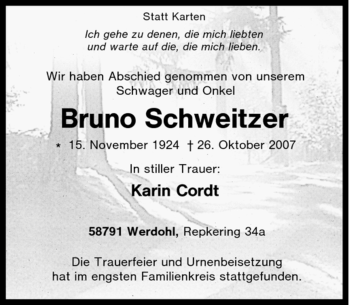 Traueranzeige von Bruno Schweitzer von Tageszeitung