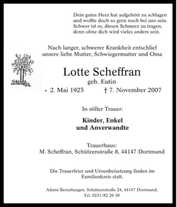 Traueranzeige von Lotte Scheffran von Tageszeitung
