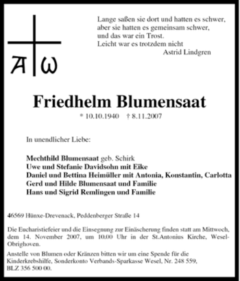 Traueranzeige von Friedhelm Blumensaat von Tageszeitung