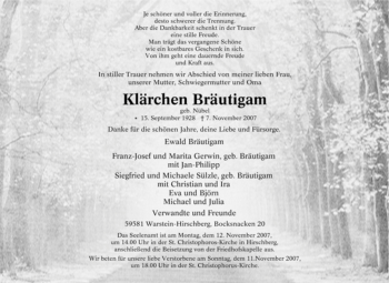 Traueranzeige von Klärchen Bräutigam von Tageszeitung