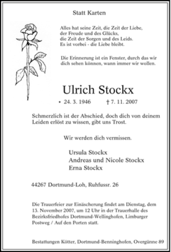 Traueranzeige von lrich Stockx von Tageszeitung