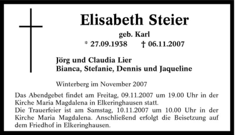  Traueranzeige für Elisabeth Steier vom 09.11.2007 aus Tageszeitung