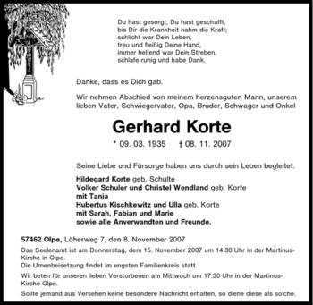 Traueranzeige von Gerhard Korte von Tageszeitung