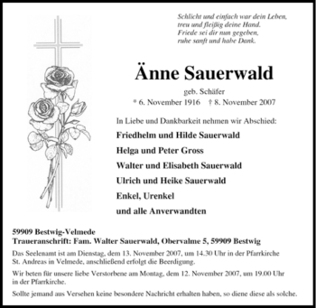 Traueranzeige von Änne Sauerwald von Tageszeitung