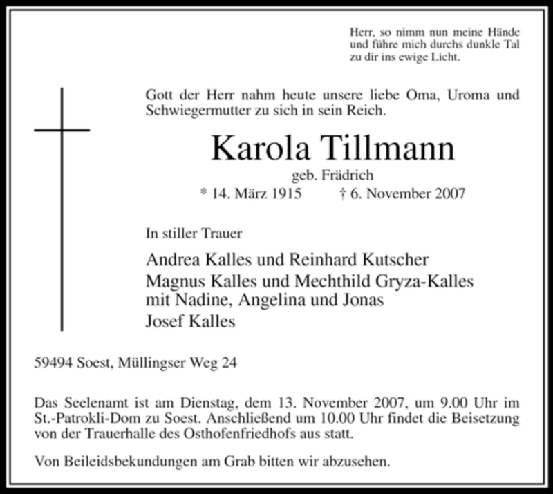  Traueranzeige für Karola Tillmann vom 09.11.2007 aus Tageszeitung