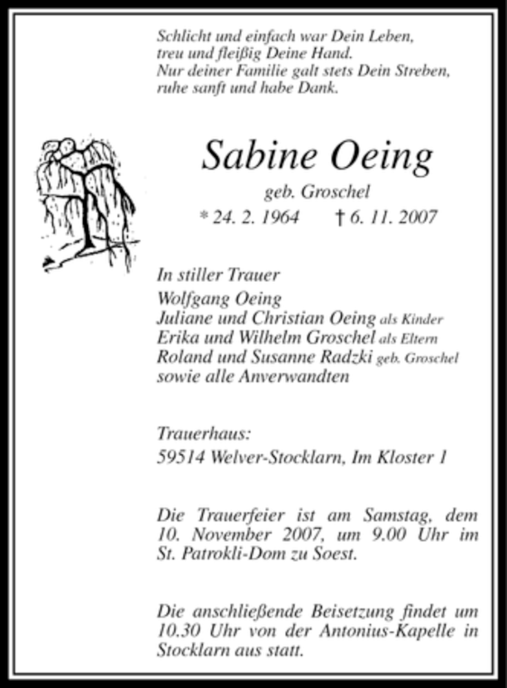  Traueranzeige für Sabine Oeing vom 09.11.2007 aus Tageszeitung