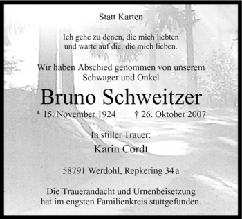 Traueranzeige von Bruno Schweitzer von Tageszeitung