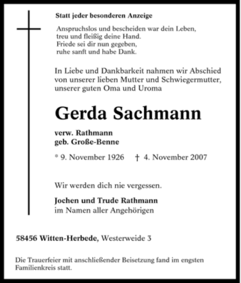 Traueranzeige von Gerda Sachmann von Tageszeitung