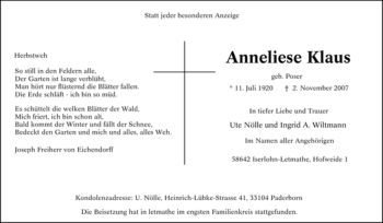 Traueranzeige von Anneliese Klaus von Tageszeitung