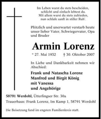 Traueranzeige von Armin Lorenz von Tageszeitung