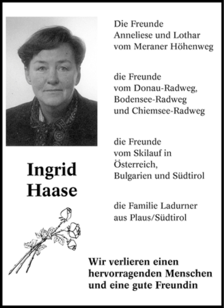  Traueranzeige für Ingrid Haase vom 10.11.2007 aus Tageszeitung