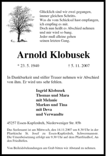 Traueranzeige von Arnold Klobusek von Tageszeitung