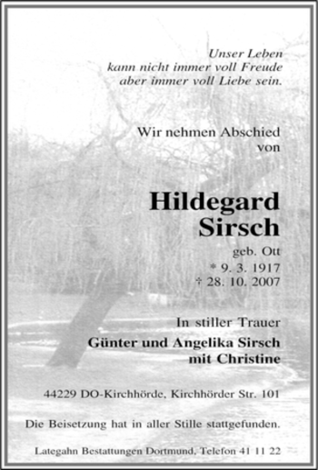 Traueranzeige von Hildegard Sirsch von Tageszeitung