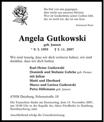 Traueranzeige von Angela Gutkowski von Tageszeitung