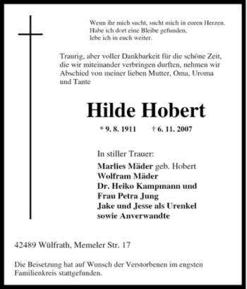 Traueranzeige von Hilde Hobert von Tageszeitung
