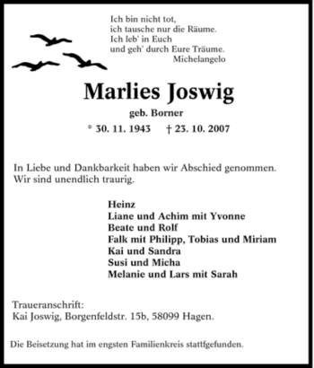 Traueranzeige von Marlies Joswig von Tageszeitung