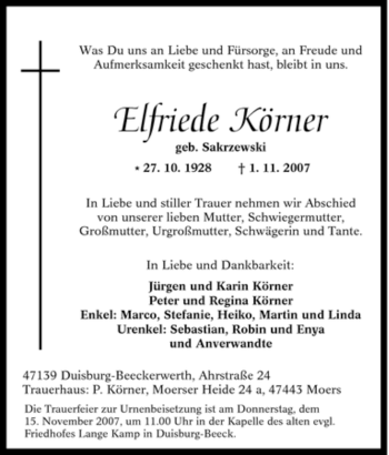 Traueranzeige von Elfriede Körner von Tageszeitung