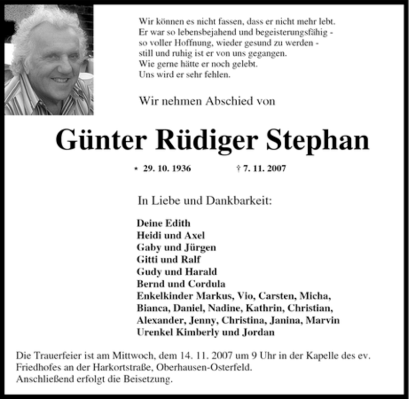  Traueranzeige für Günter Rüdiger Stephan vom 10.11.2007 aus Tageszeitung