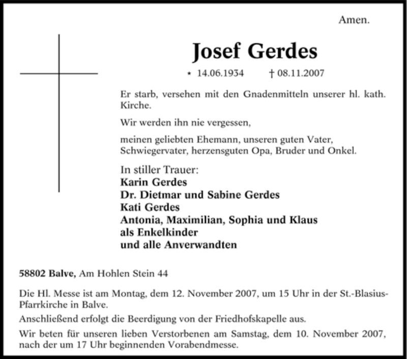  Traueranzeige für Josef Gerdes vom 10.11.2007 aus Tageszeitung
