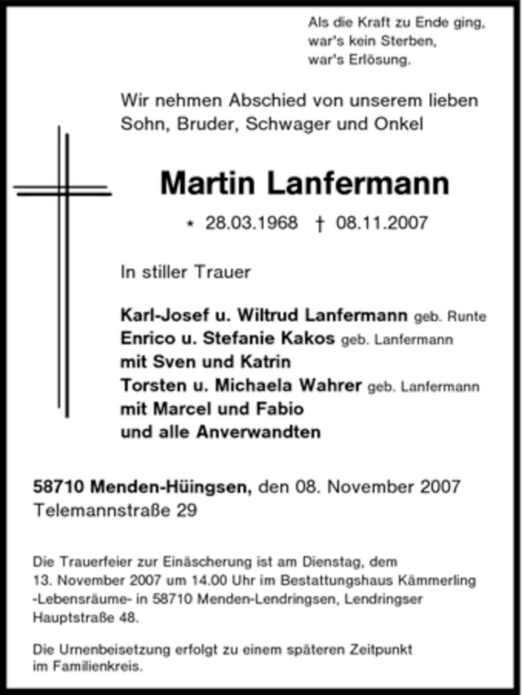  Traueranzeige für Martin Lanfermann vom 10.11.2007 aus Tageszeitung