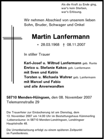 Traueranzeige von Martin Lanfermann von Tageszeitung