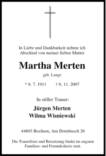 Traueranzeige von Martha Merten von Tageszeitung